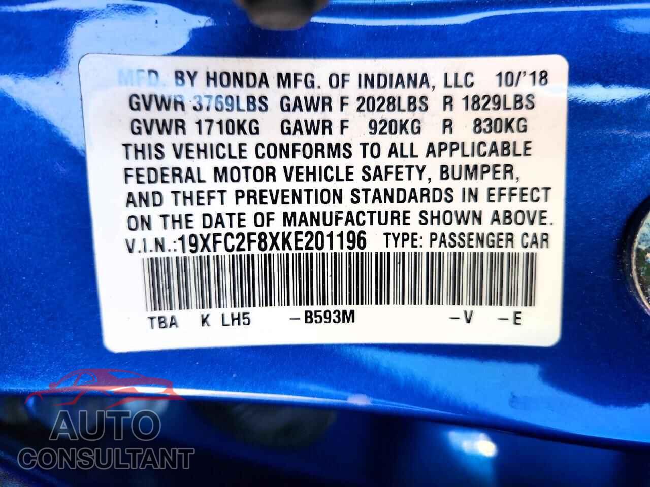 HONDA CIVIC 2019 - 19XFC2F8XKE201196