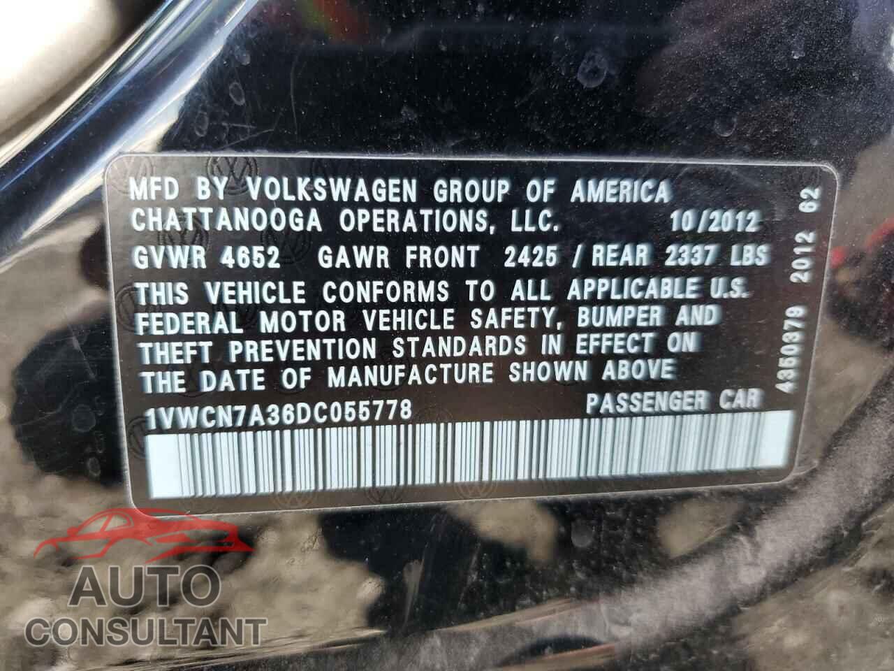 VOLKSWAGEN PASSAT 2013 - 1VWCN7A36DC055778