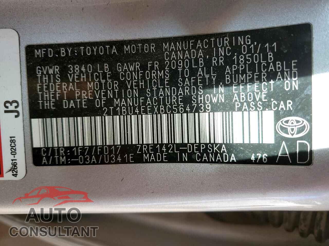 TOYOTA COROLLA 2011 - 2T1BU4EEXBC564739