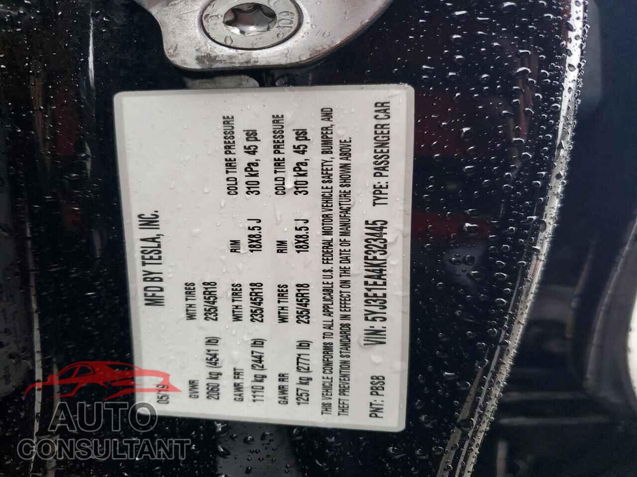 TESLA MODEL 3 2019 - 5YJ3E1EA4KF323445