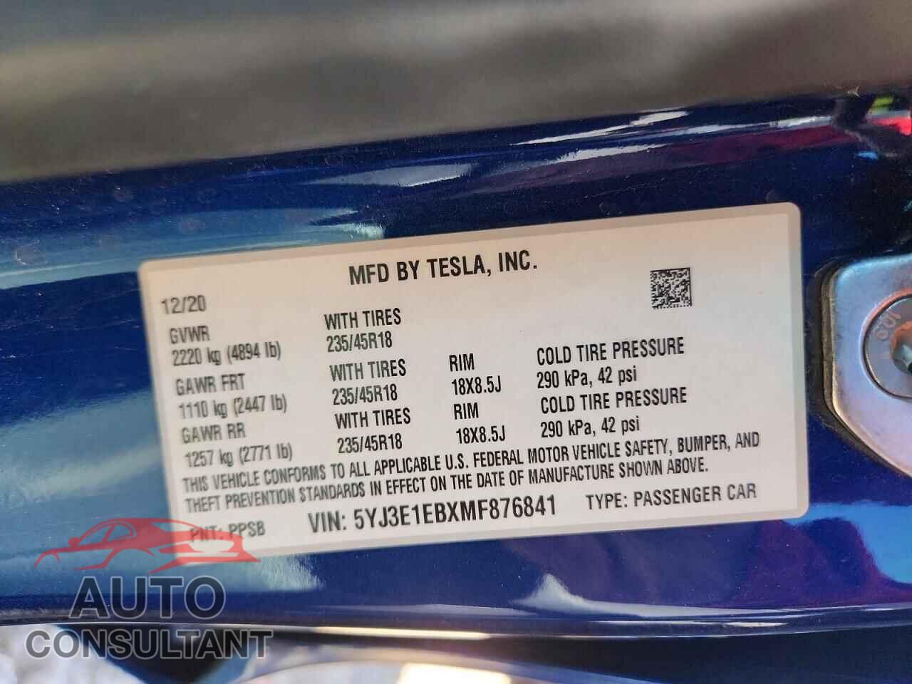 TESLA MODEL 3 2021 - 5YJ3E1EBXMF876841