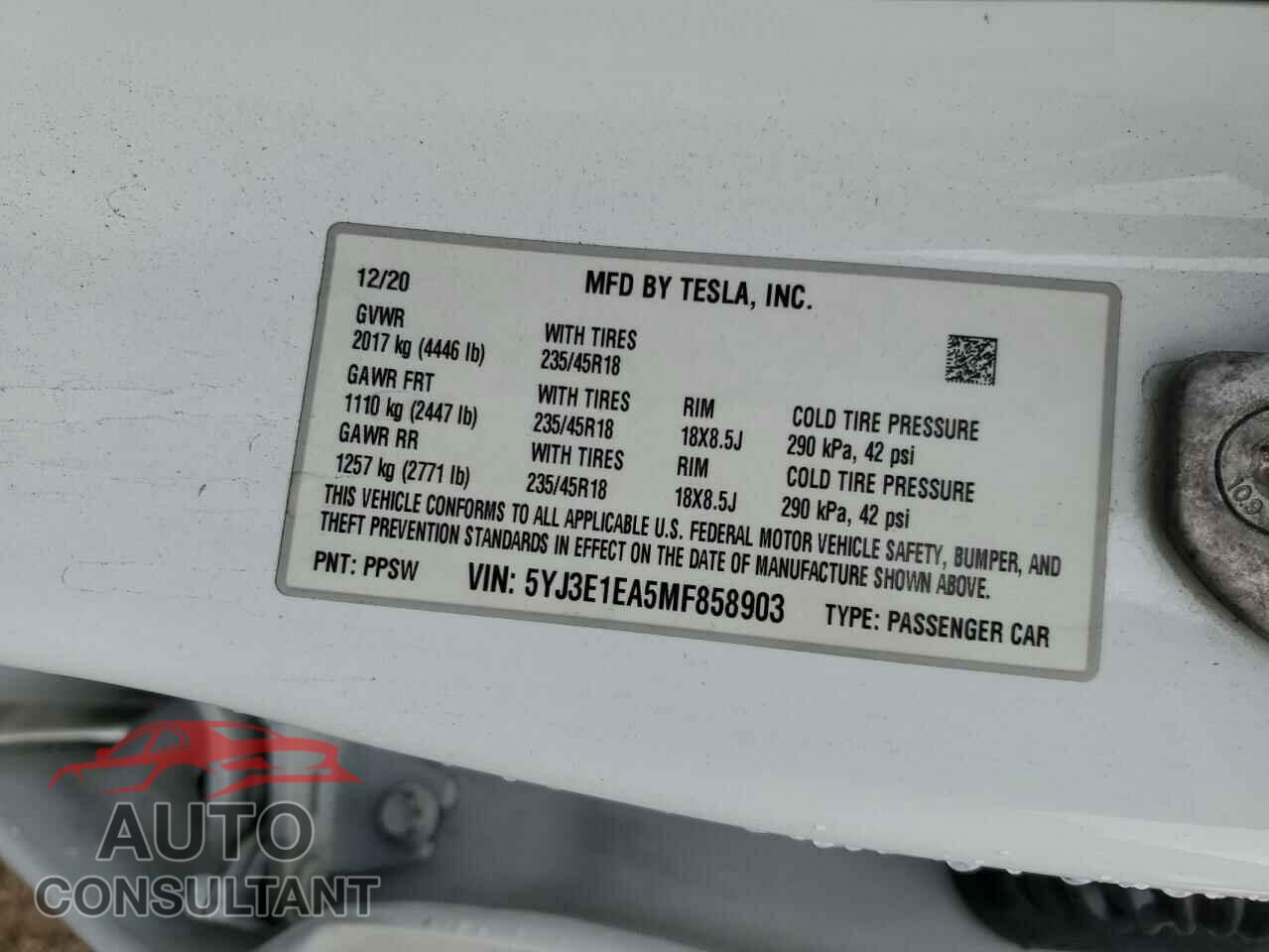 TESLA MODEL 3 2021 - 5YJ3E1EA5MF858903