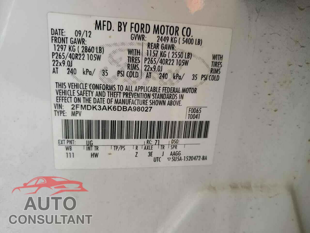 FORD EDGE 2013 - 2FMDK3AK6DBA98027