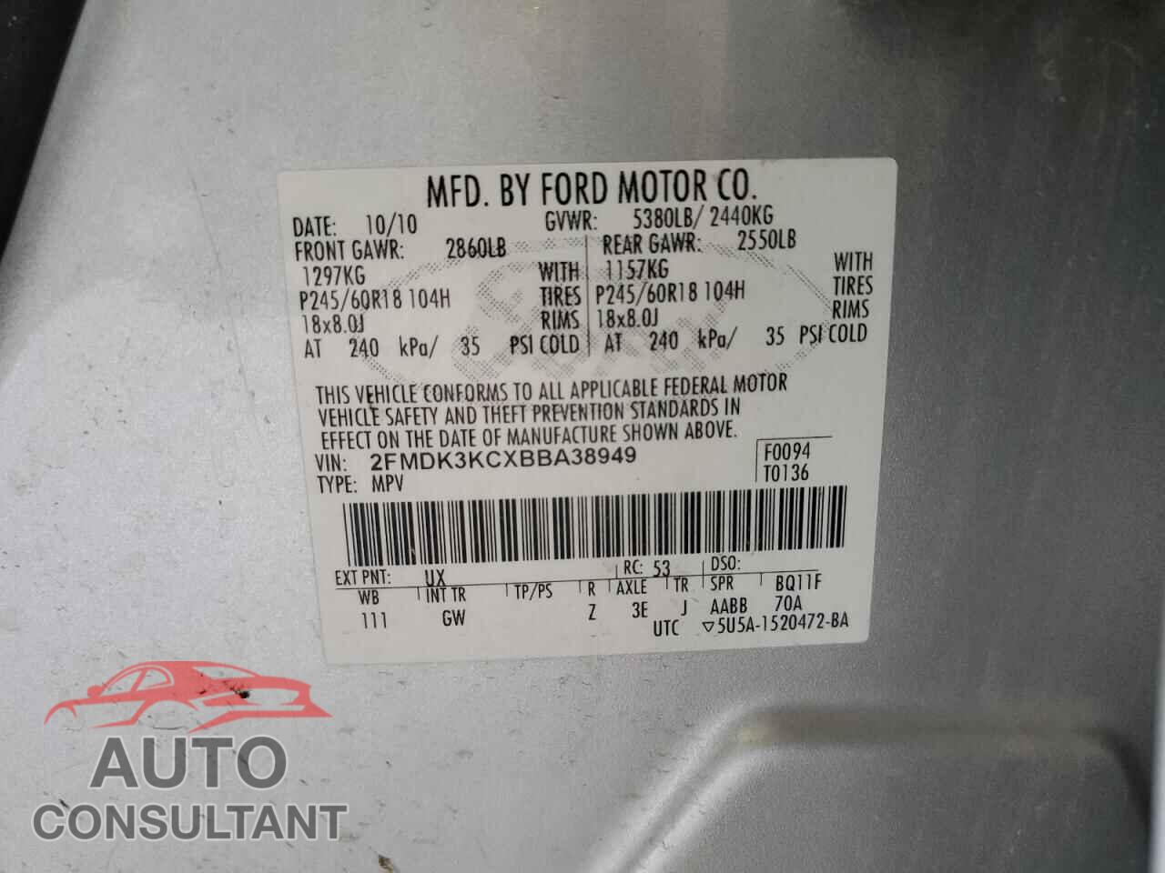 FORD EDGE 2011 - 2FMDK3KCXBBA38949