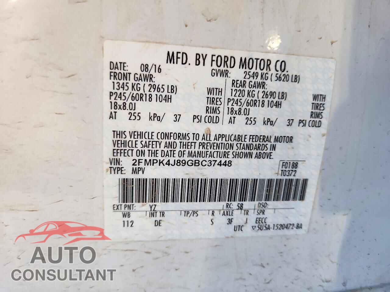 FORD EDGE 2016 - 2FMPK4J89GBC37448
