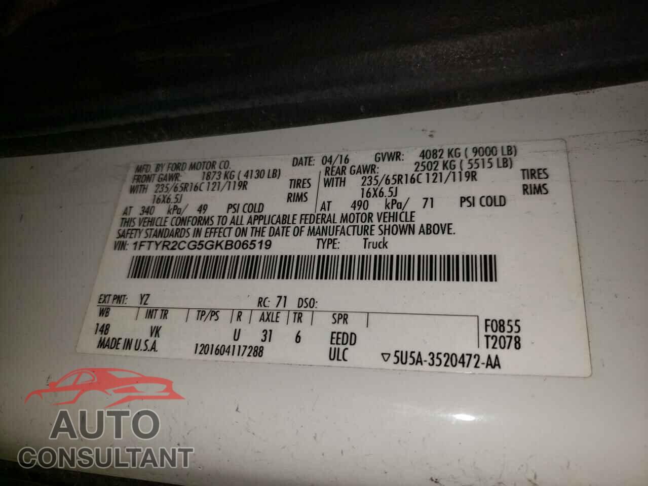 FORD TRANSIT 2016 - 1FTYR2CG5GKB06519