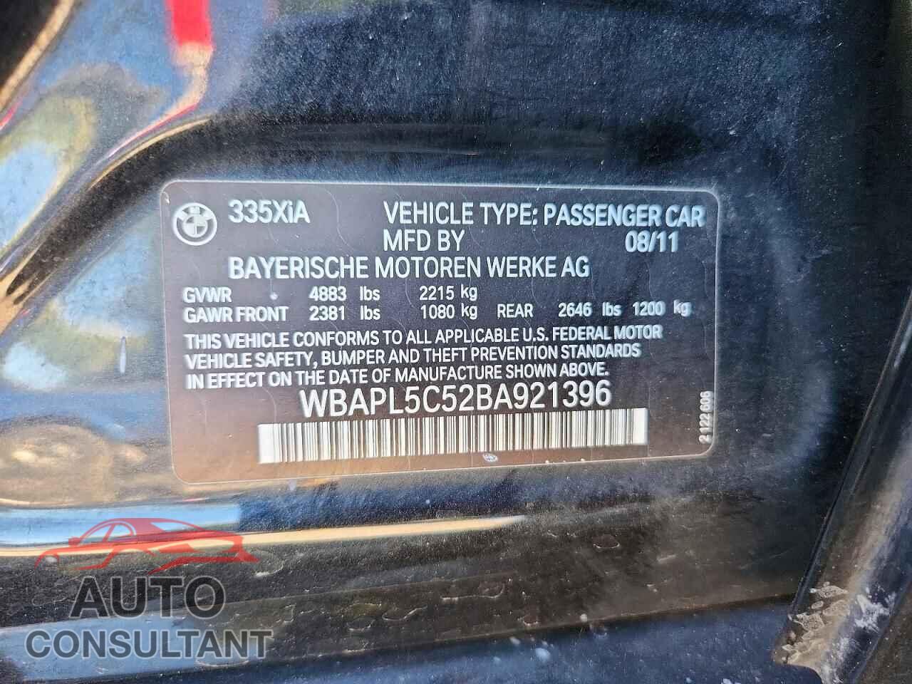 BMW 3 SERIES 2011 - WBAPL5C52BA921396
