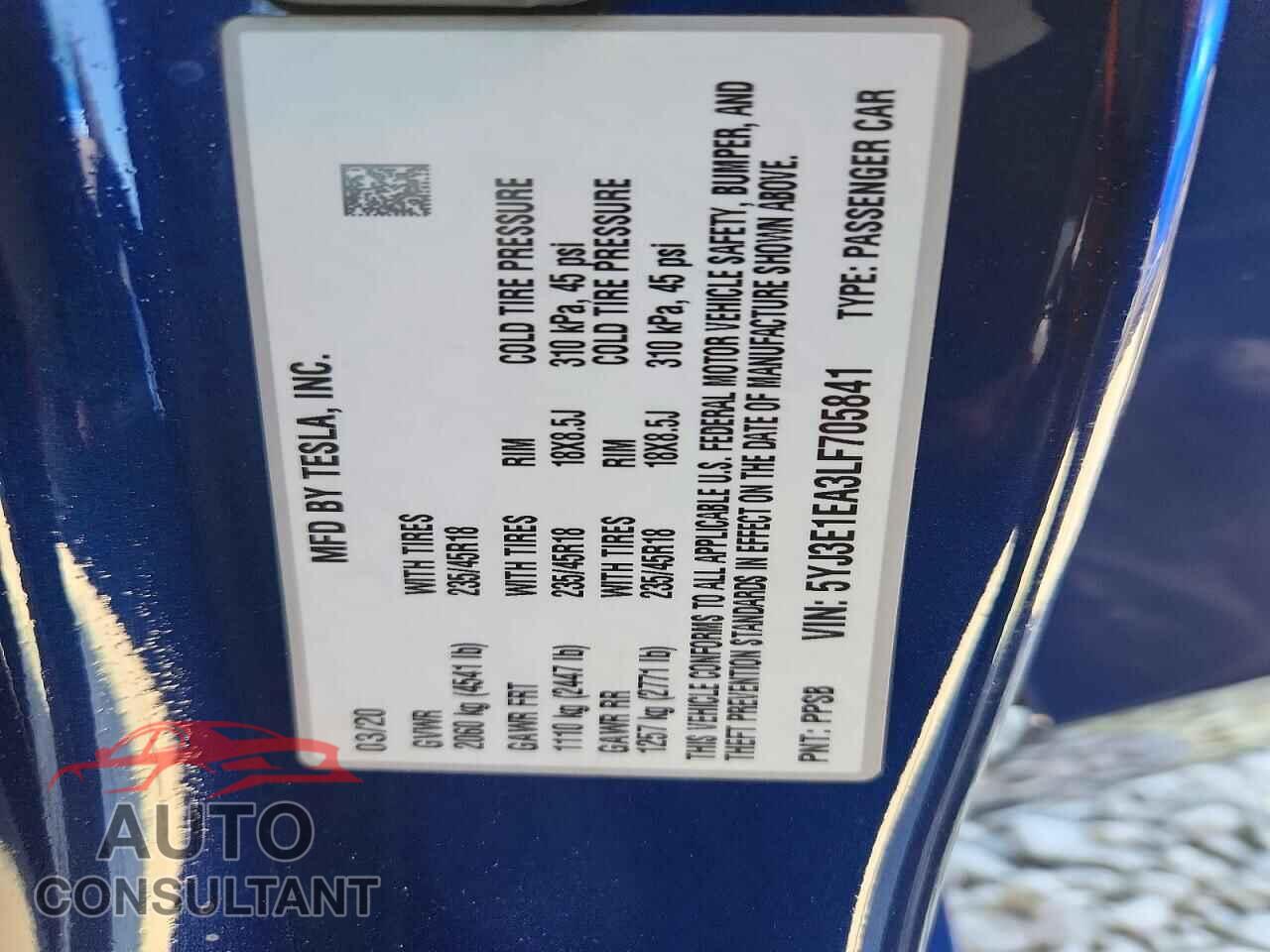 TESLA MODEL 3 2020 - 5YJ3E1EA3LF705841