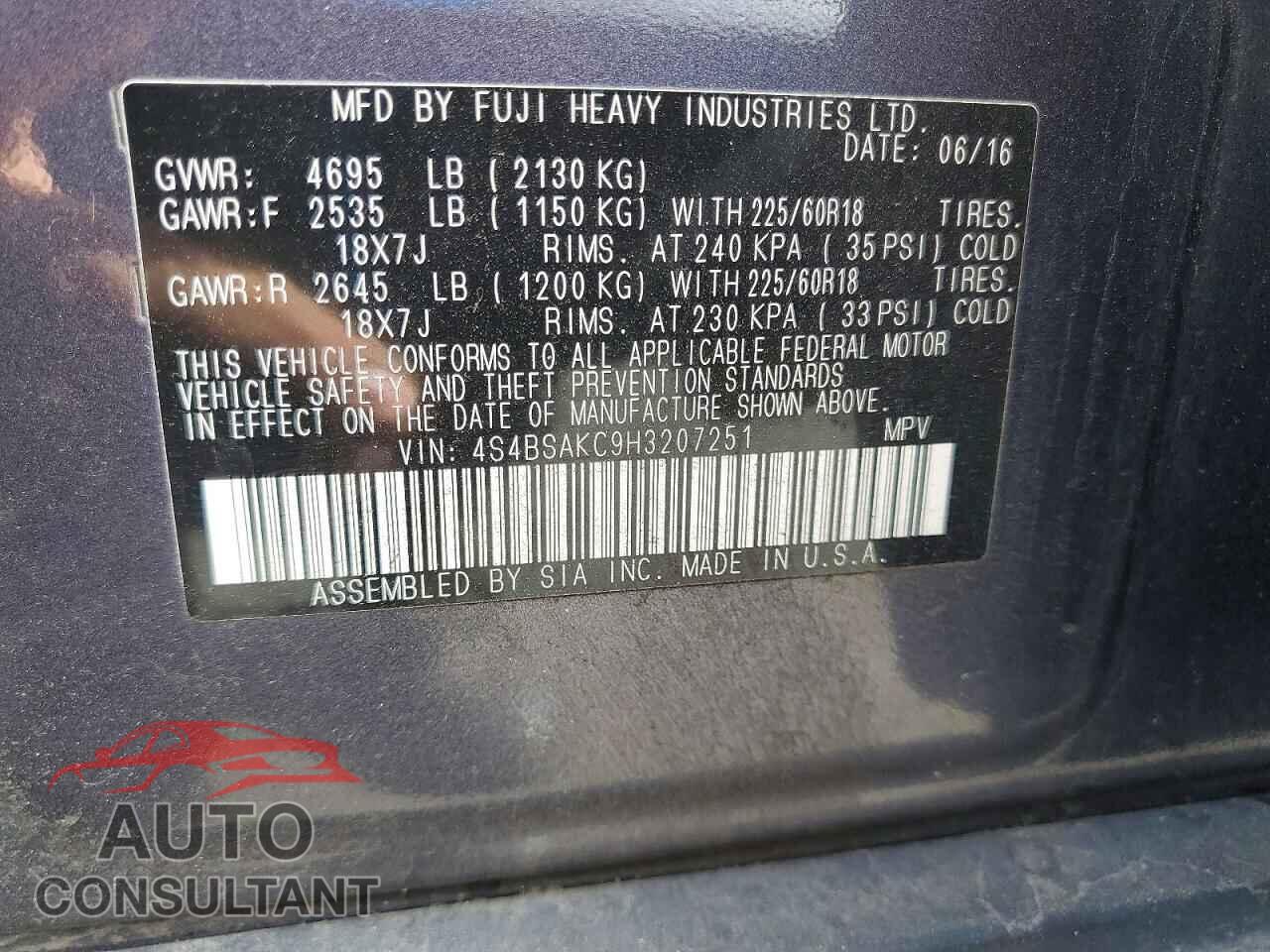 SUBARU OUTBACK 2017 - 4S4BSAKC9H3207251