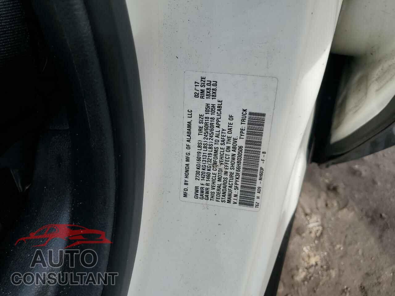 HONDA RIDGELINE 2017 - 5FPYK3F66HB030506