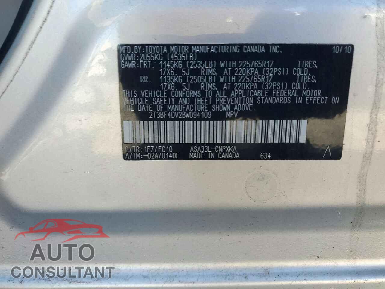 TOYOTA RAV4 2011 - 2T3BF4DV2BW094109