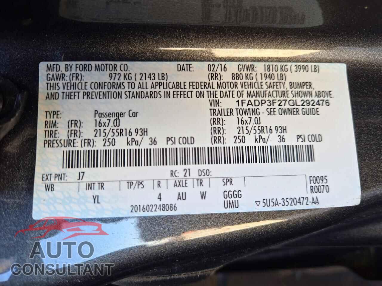 FORD FOCUS 2016 - 1FADP3F27GL292476