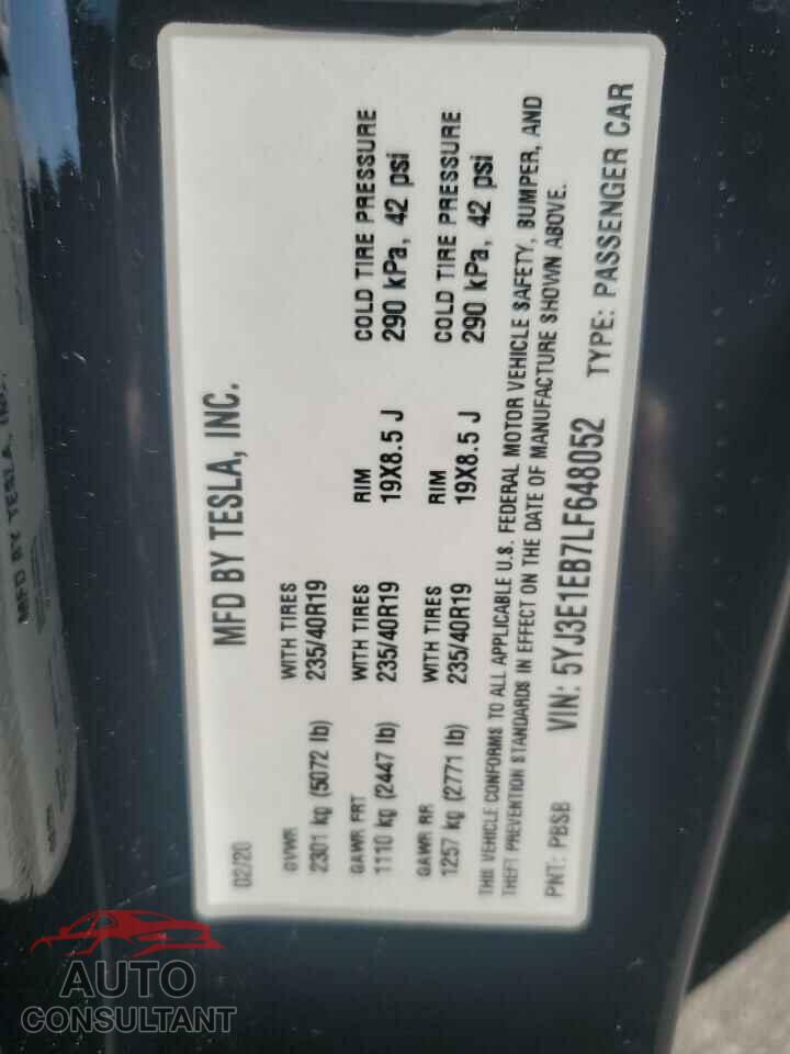 TESLA MODEL 3 2020 - 5YJ3E1EB7LF648052