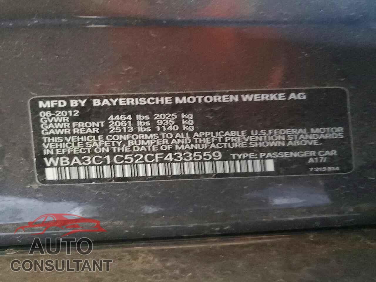 BMW 3 SERIES 2012 - WBA3C1C52CF433559