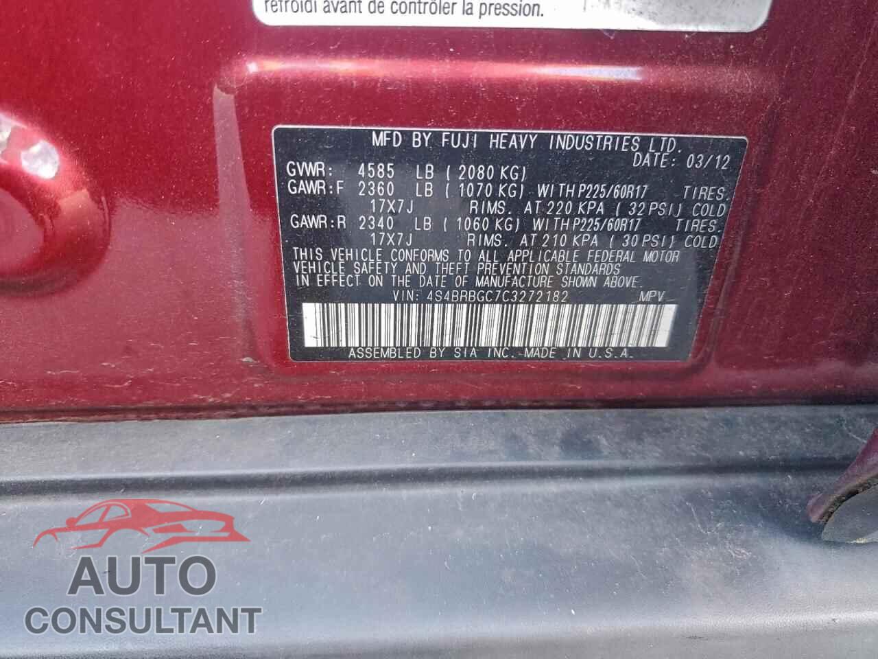 SUBARU OUTBACK 2012 - 4S4BRBGC7C3272182