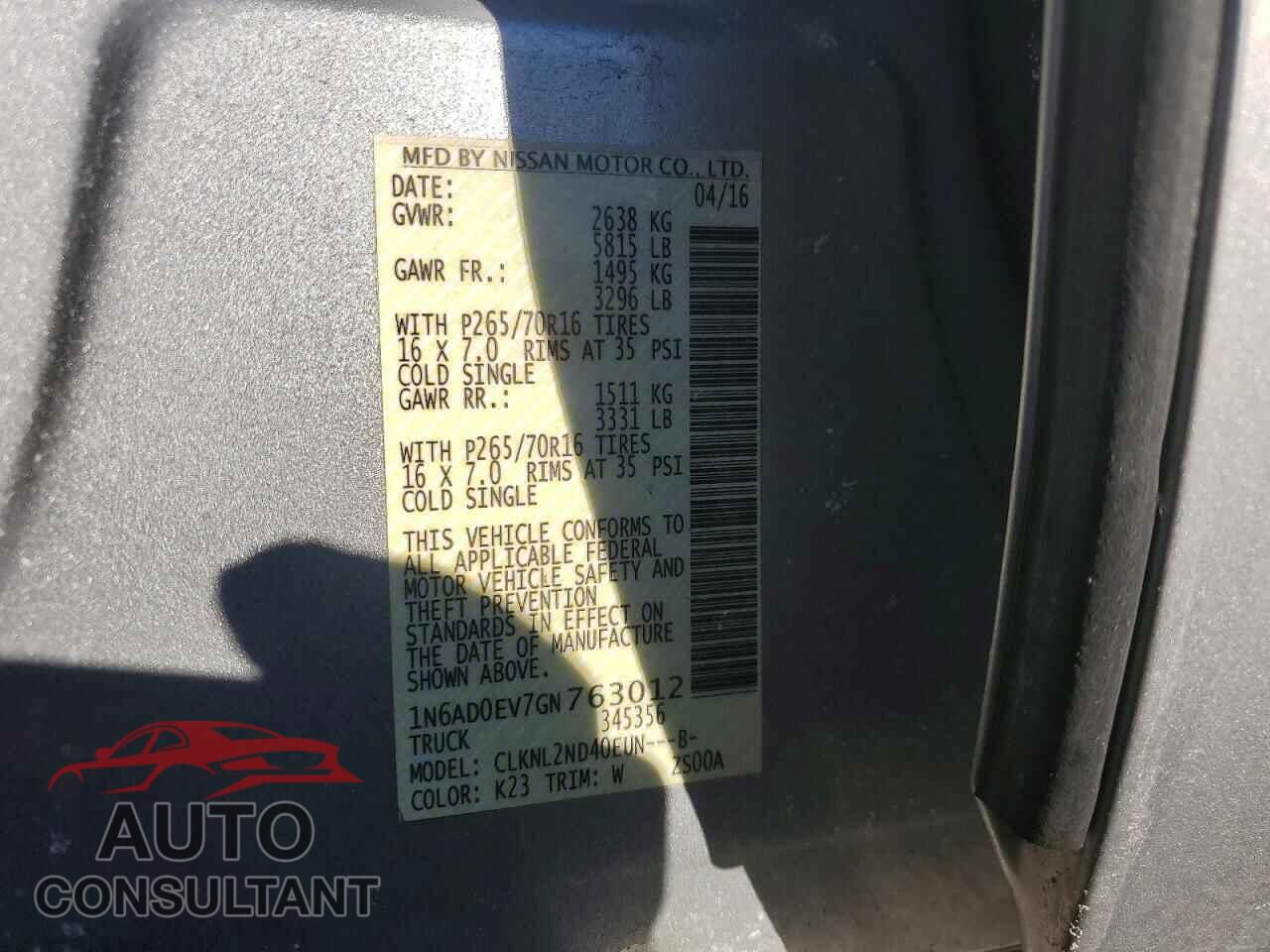 NISSAN FRONTIER 2016 - 1N6AD0EV7GN763012