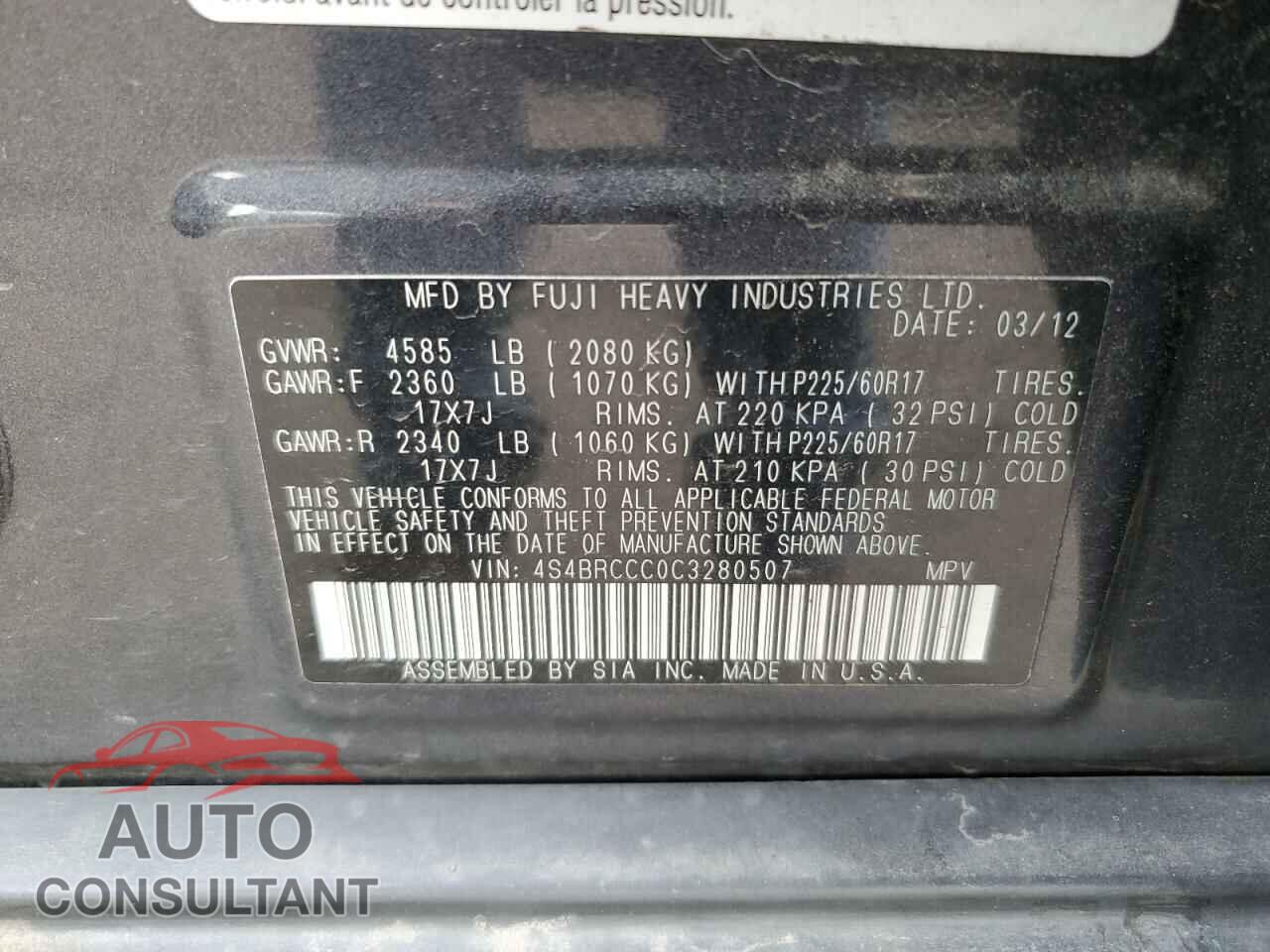 SUBARU OUTBACK 2012 - 4S4BRCCC0C3280507