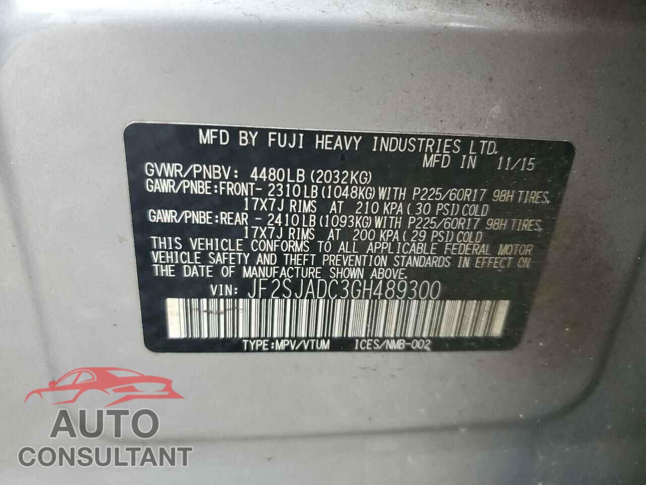 SUBARU FORESTER 2016 - JF2SJADC3GH489300