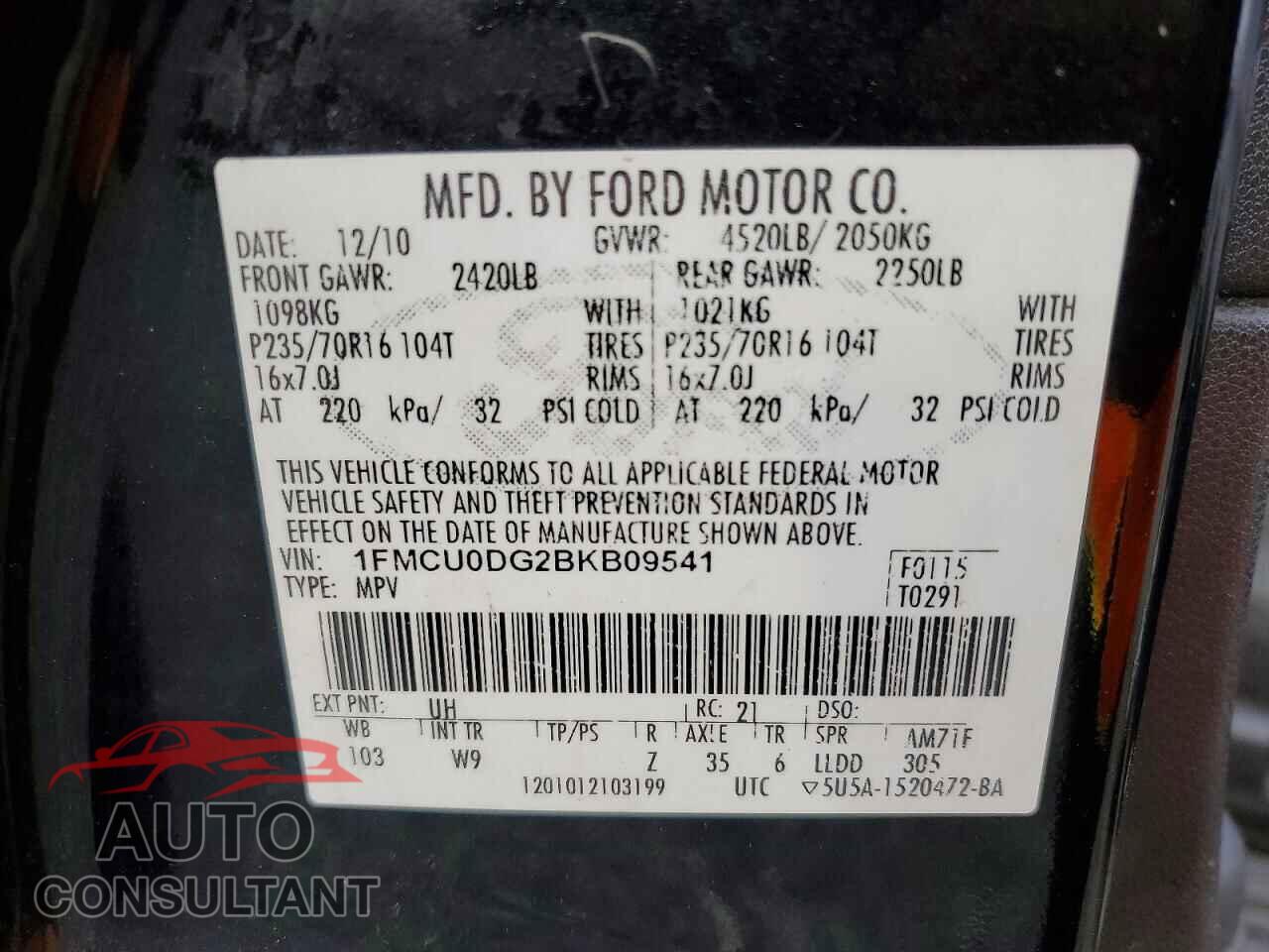 FORD ESCAPE 2011 - 1FMCU0DG2BKB09541