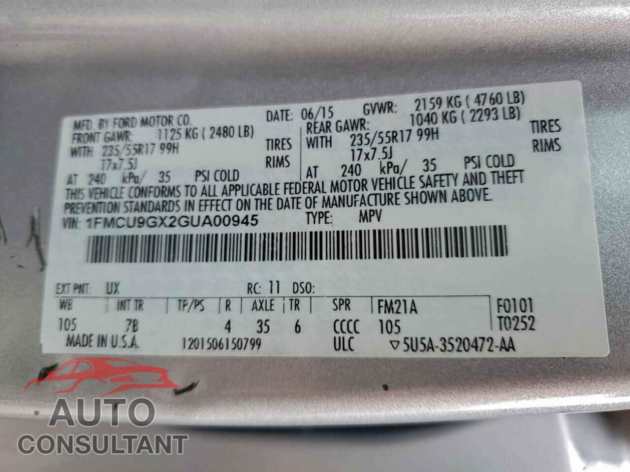 FORD ESCAPE 2016 - 1FMCU9GX2GUA00945