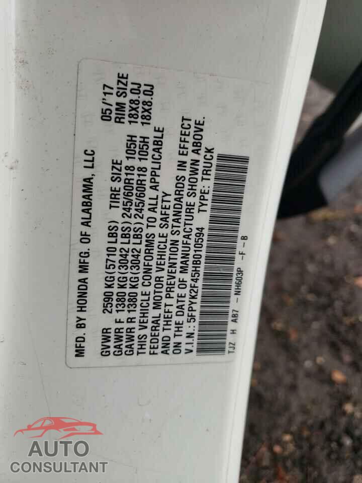 HONDA RIDGELINE 2017 - 5FPYK2F45HB010594