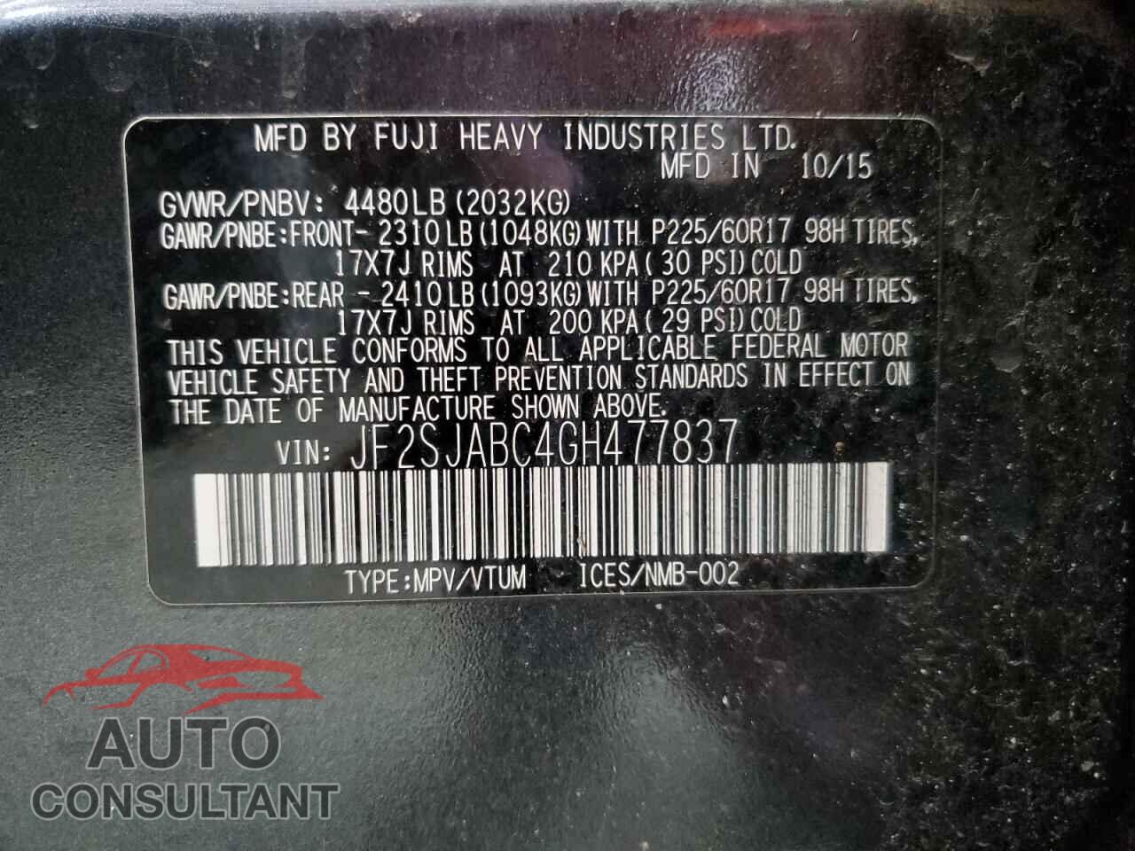 SUBARU FORESTER 2016 - JF2SJABC4GH477837