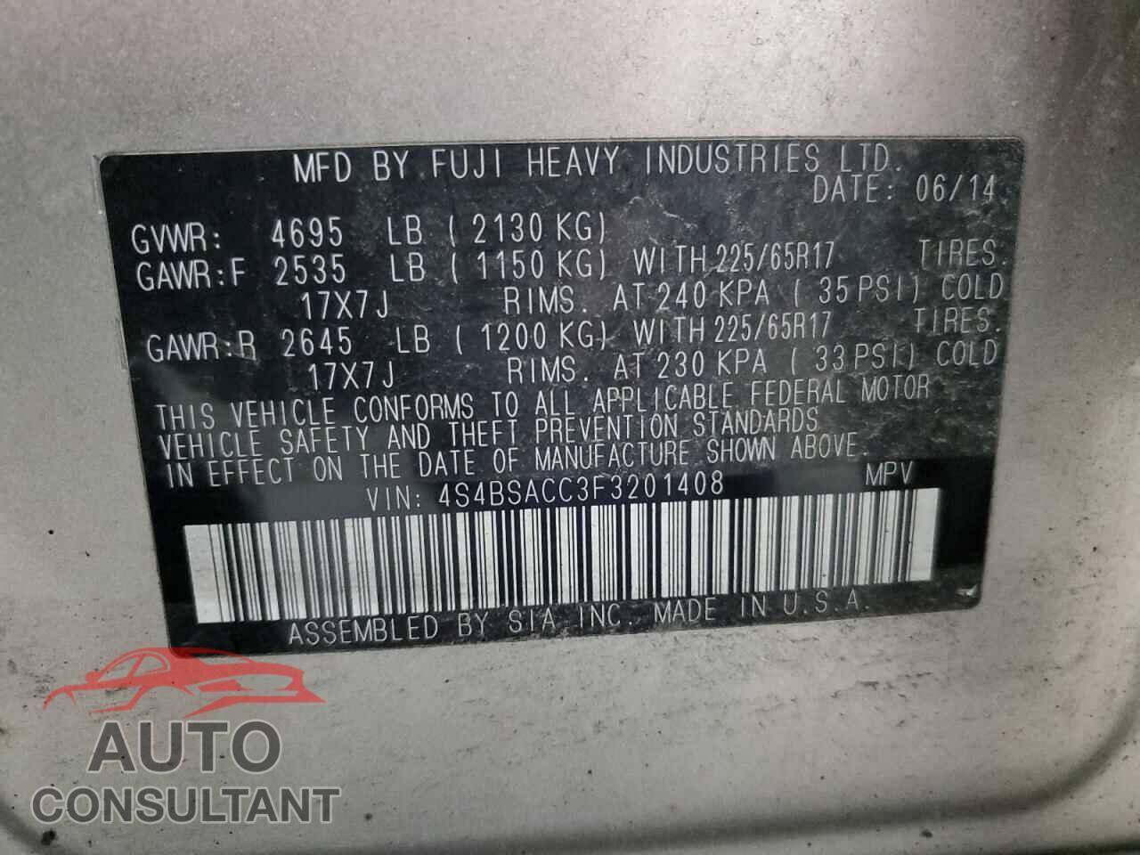 SUBARU OUTBACK 2015 - 4S4BSACC3F3201408
