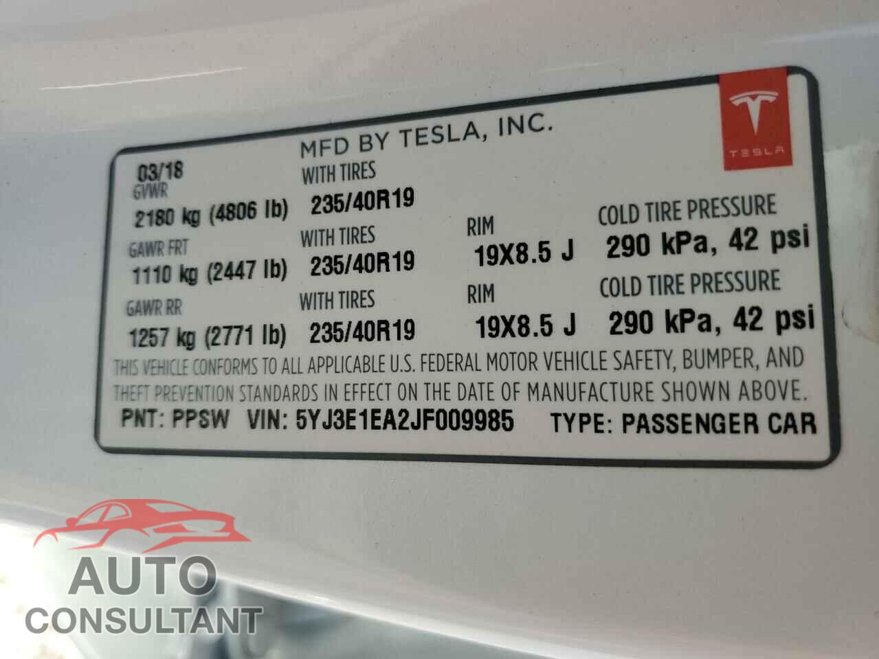 TESLA MODEL 3 2018 - 5YJ3E1EA2JF009985