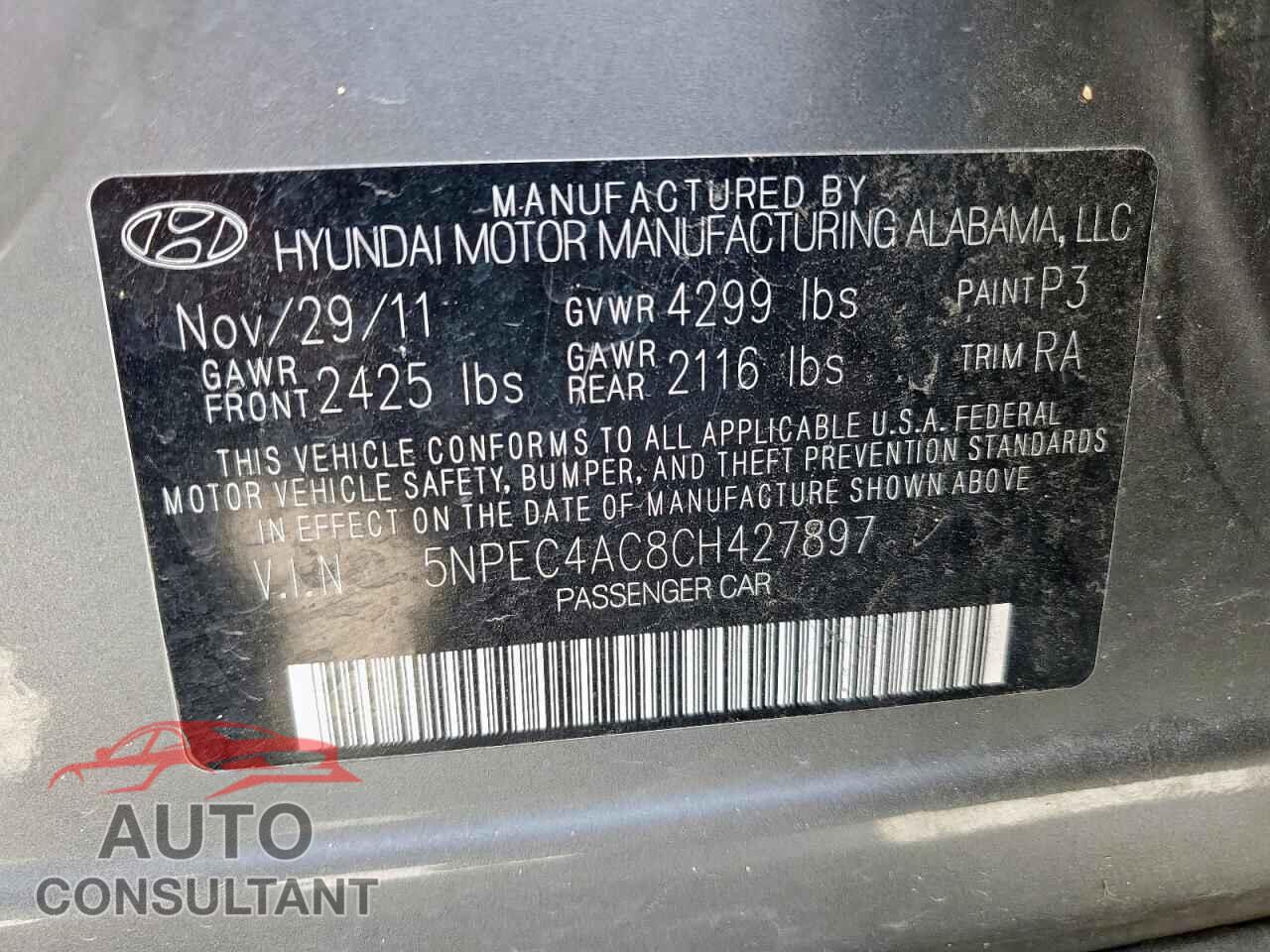 HYUNDAI SONATA 2012 - 5NPEC4AC8CH427897