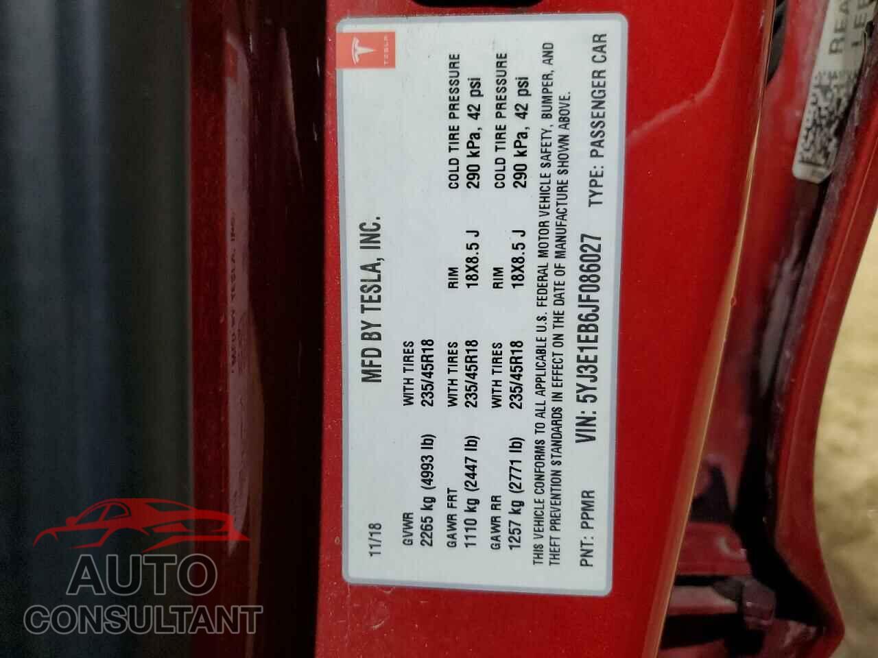 TESLA MODEL 3 2018 - 5YJ3E1EB6JF086027