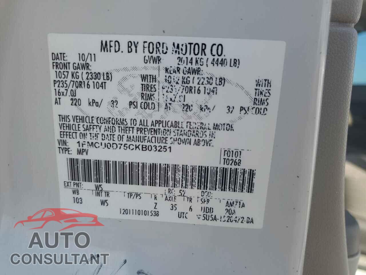 FORD ESCAPE 2012 - 1FMCU0D75CKB03251