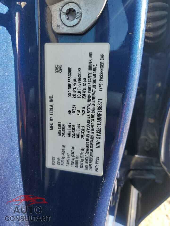 TESLA MODEL 3 2022 - 5YJ3E1EA8NF186871