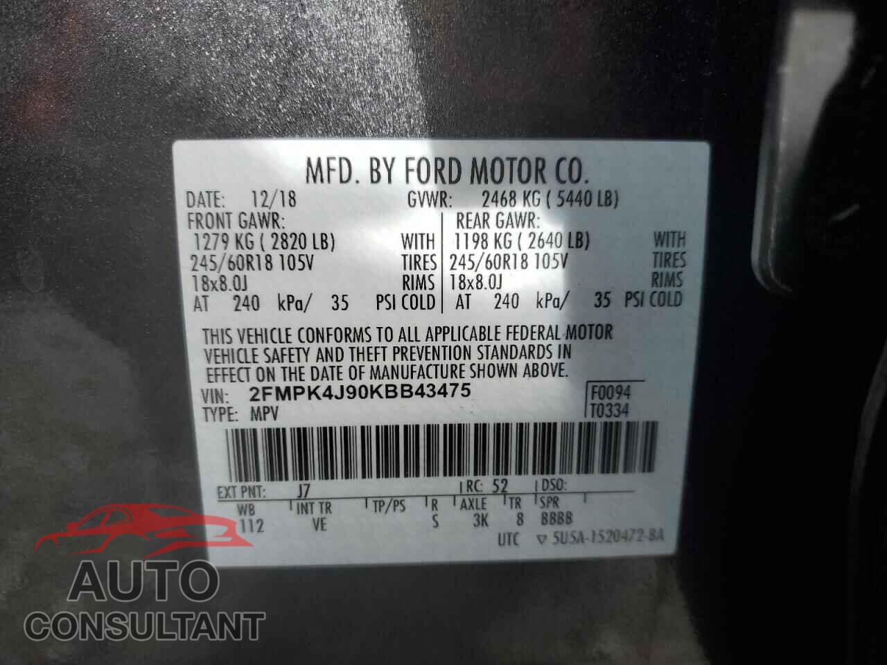 FORD EDGE 2019 - 2FMPK4J90KBB43475