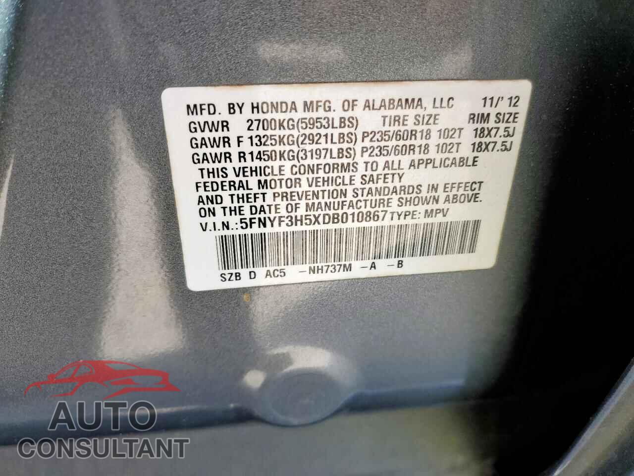 HONDA PILOT 2013 - 5FNYF3H5XDB010867