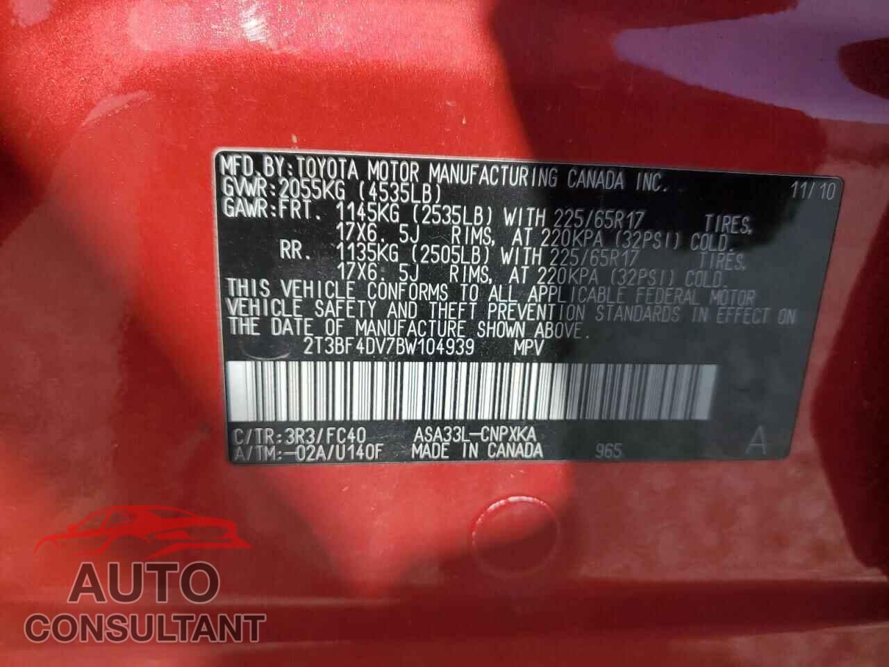 TOYOTA RAV4 2011 - 2T3BF4DV7BW104939