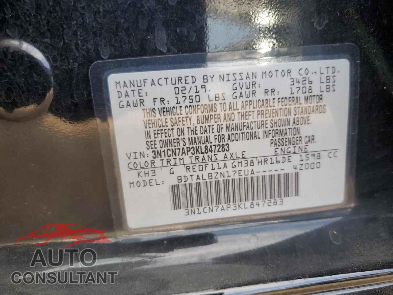 NISSAN VERSA 2019 - 3N1CN7AP3KL847283