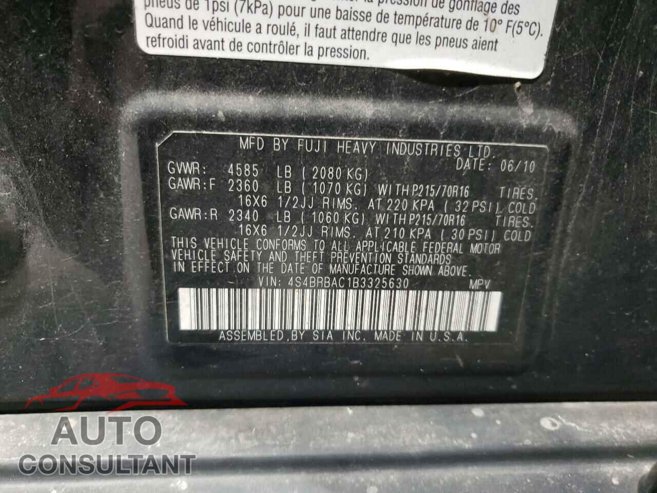 SUBARU OUTBACK 2011 - 4S4BRBAC1B3325630