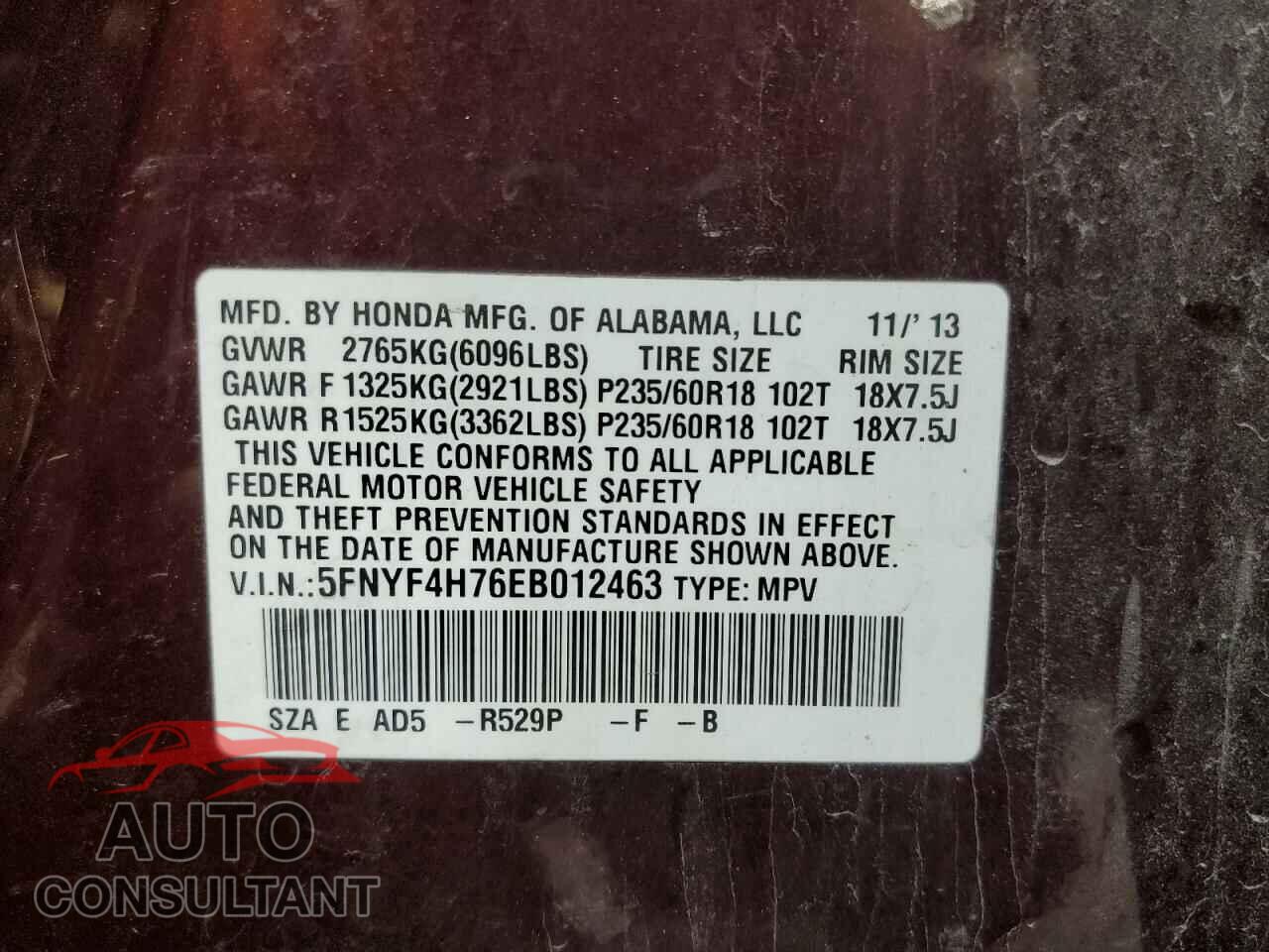 HONDA PILOT 2014 - 5FNYF4H76EB012463