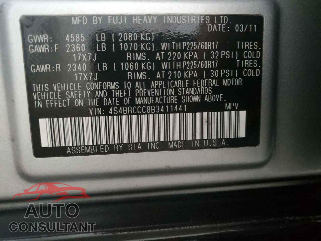 SUBARU OUTBACK 2011 - 4S4BRCCC8B3411441