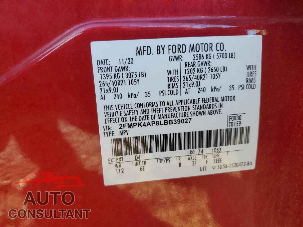 FORD EDGE 2020 - 2FMPK4AP8LBB39027