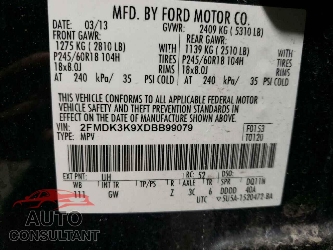FORD EDGE 2013 - 2FMDK3K9XDBB99079