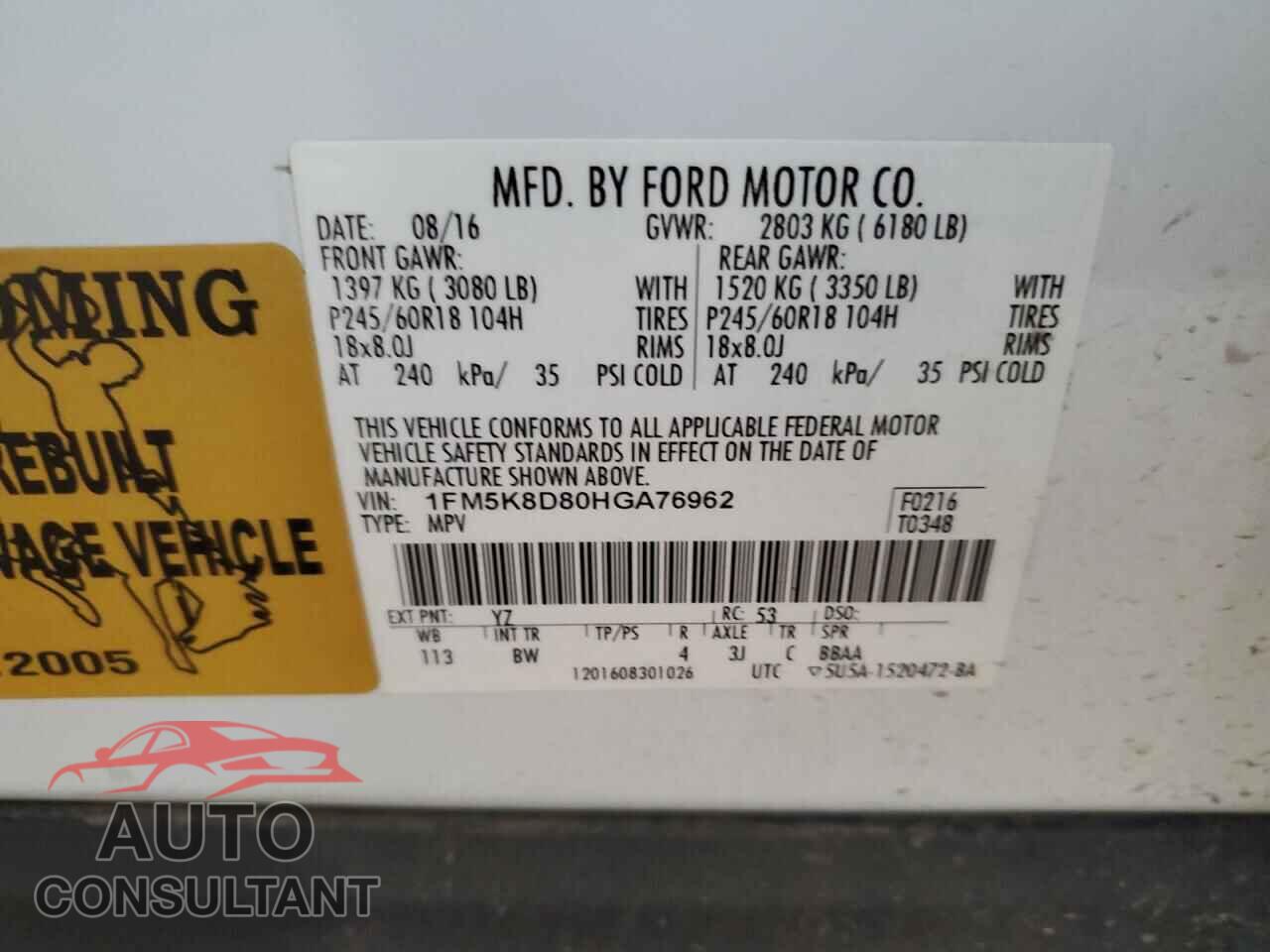 FORD EXPLORER 2017 - 1FM5K8D80HGA76962
