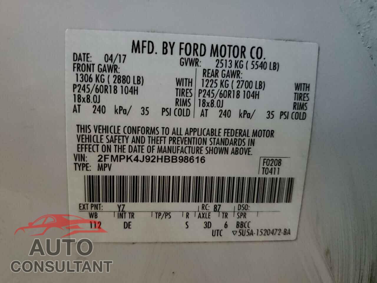 FORD EDGE 2017 - 2FMPK4J92HBB98616