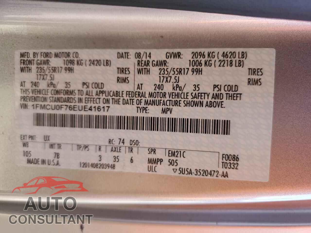 FORD ESCAPE 2014 - 1FMCU0F76EUE41617
