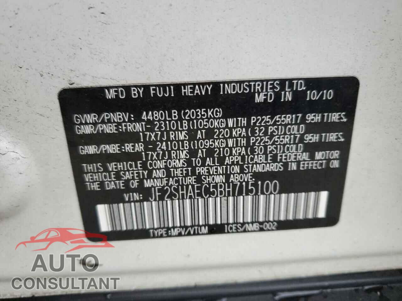 SUBARU FORESTER 2011 - JF2SHAEC5BH715100