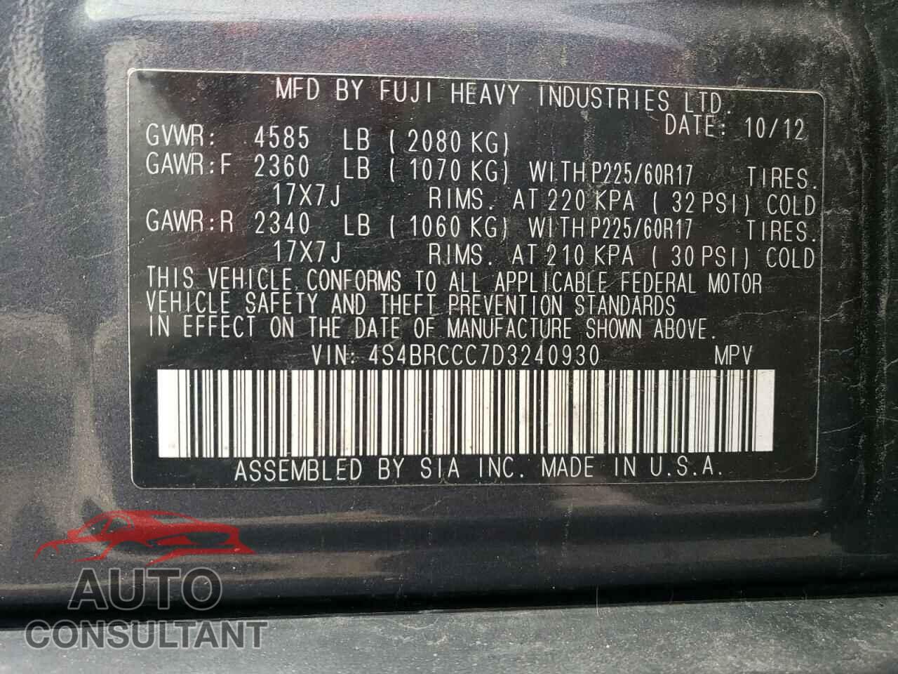 SUBARU OUTBACK 2013 - 4S4BRCCC7D3240930