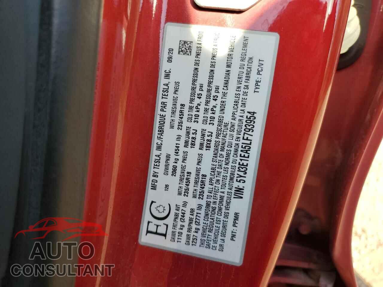 TESLA MODEL 3 2020 - 5YJ3E1EA5LF793954
