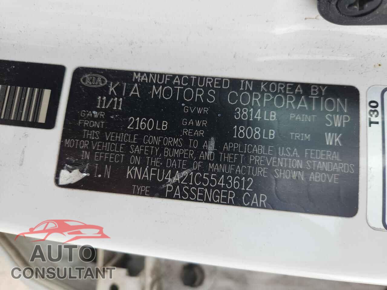 KIA FORTE 2012 - KNAFU4A21C5543612