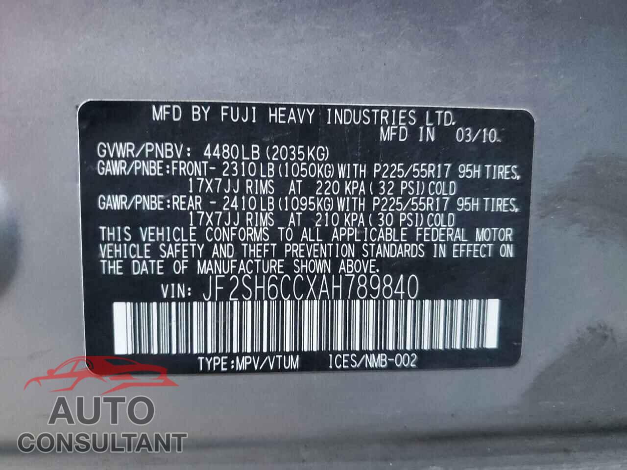 SUBARU FORESTER 2010 - JF2SH6CCXAH789840