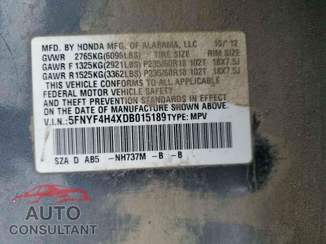 HONDA PILOT 2013 - 5FNYF4H4XDB015189